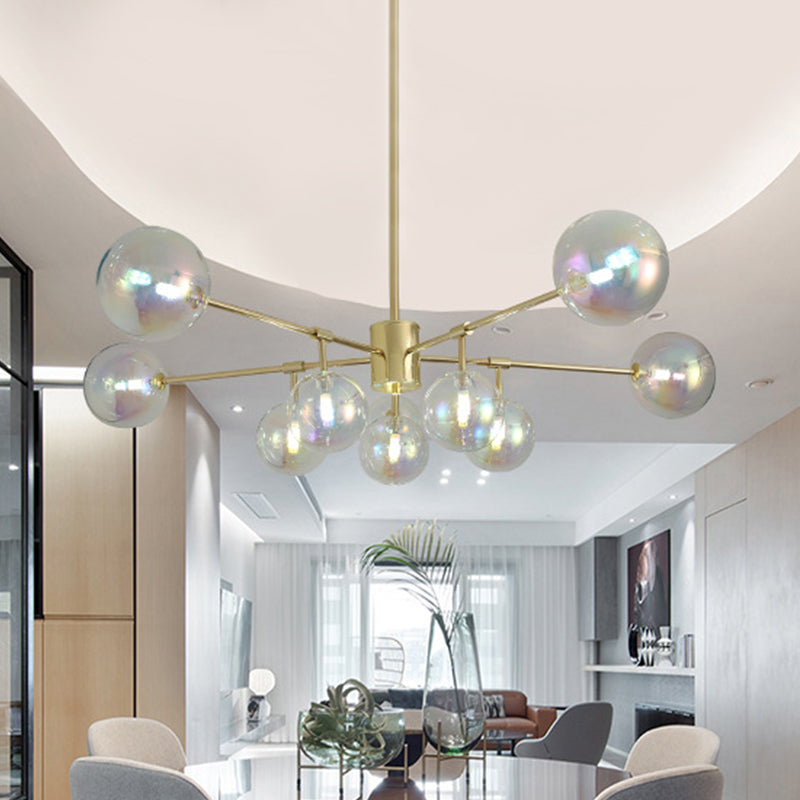 10 Heads Living Room Chandelier Lighting Modern Gold LED Pendant Lamp with Sphere Rainbow Glass Shade - Rebooters