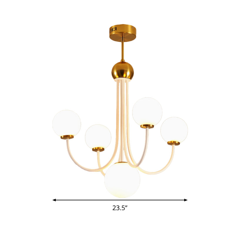 White Glass Spherical Ceiling Chandelier Contemporary 5 Bulbs Hanging Light Fixture in Gold - Rebooters