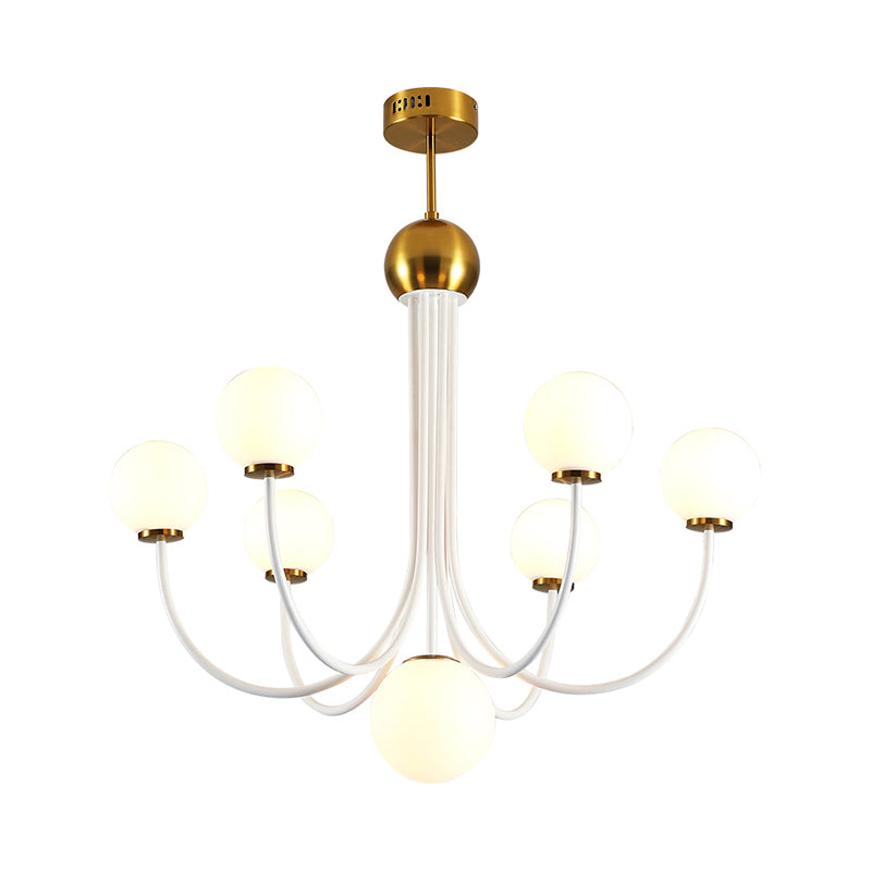 White Glass Spherical Ceiling Chandelier Contemporary 5 Bulbs Hanging Light Fixture in Gold - Rebooters