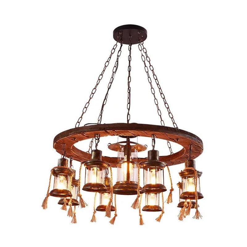 9 Lights Chandelier Lantern Rustic Brown Metal Pendant Light - Rebooters