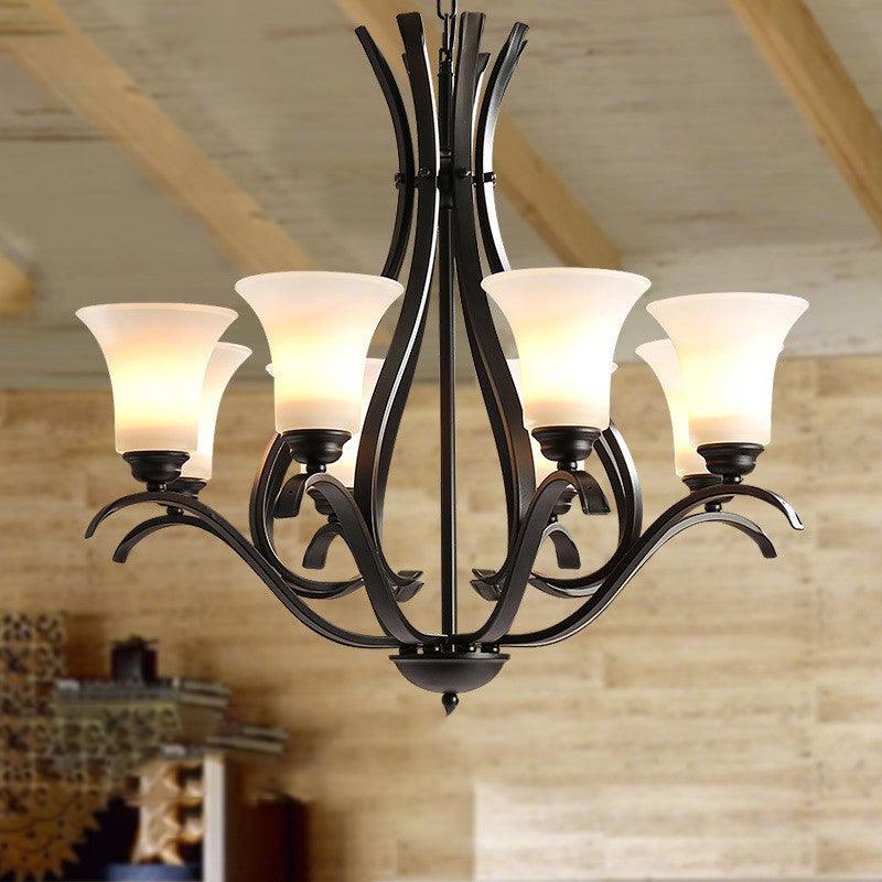 3/6/8 Bulbs Bell Chandelier Lighting Retro Black Finish Cream Glass Lamp - Rebooters