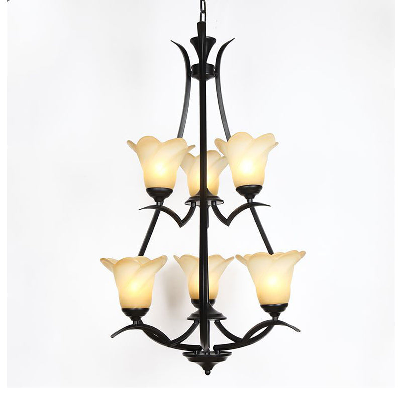 1/2-Tier Flower White Glass Chandelier Lighting Black Lamp - Rebooters