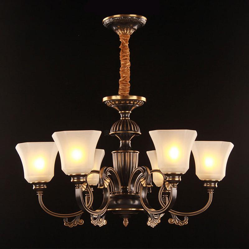 6 Lights Bell Hanging Chandelier Black Gold Frosted Glass - Rebooters