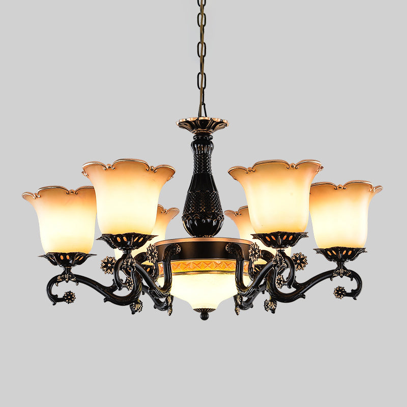 Traditional Floral Pendant Chandelier Black Opal Glass Light - Rebooters