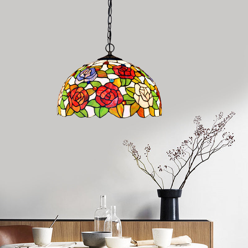 1/2 Lights Rose Hanging Chandelier Tiffany Style Red Green Stained Glass Pendant Lamp 12 16 Wide - Rebooters