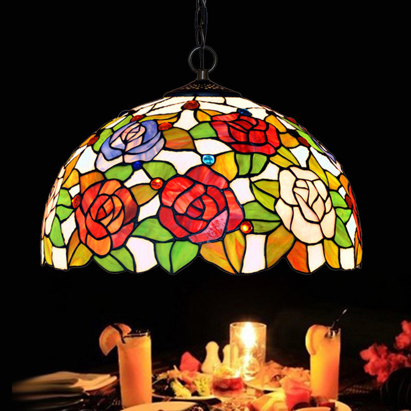 1/2 Lights Rose Hanging Chandelier Tiffany Style Red Green Stained Glass Pendant Lamp 12 16 Wide - Rebooters