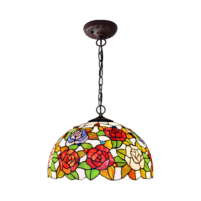 1/2 Lights Rose Hanging Chandelier Tiffany Style Red Green Stained Glass Pendant Lamp 12 16 Wide - Rebooters