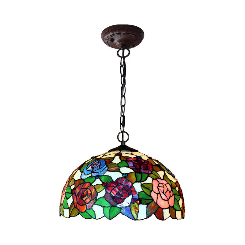 1/2 Lights Rose Hanging Chandelier Tiffany Style Red Green Stained Glass Pendant Lamp 12 16 Wide - Rebooters