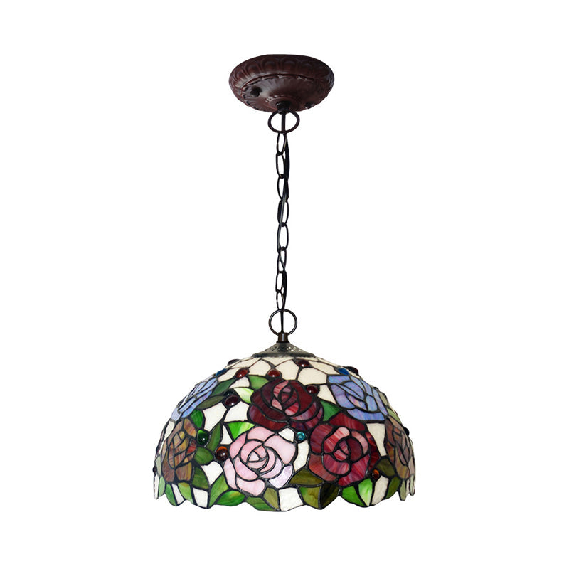 1/2 Lights Rose Hanging Chandelier Tiffany Style Red Green Stained Glass Pendant Lamp 12 16 Wide - Rebooters