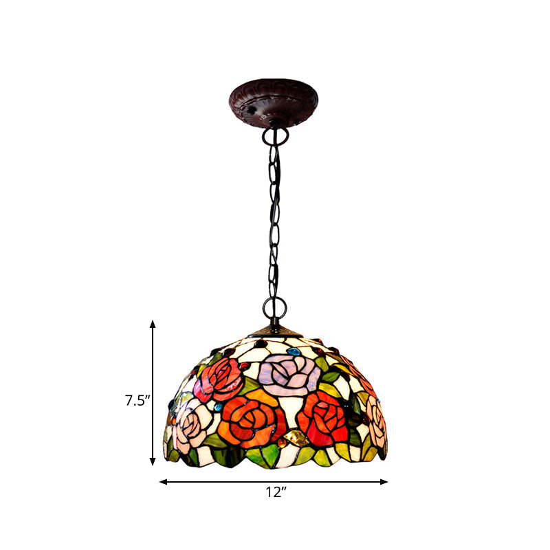 1/2 Lights Rose Hanging Chandelier Tiffany Style Red Green Stained Glass Pendant Lamp 12 16 Wide - Rebooters