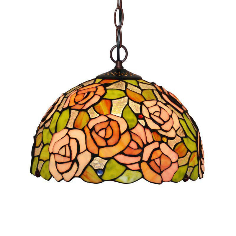 1/2 Lights Rose Hanging Chandelier Tiffany Style Red Green Stained Glass Pendant Lamp 12 16 Wide - Rebooters