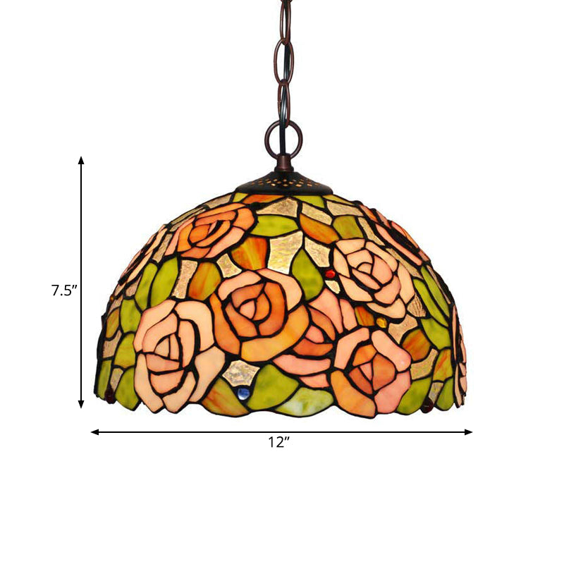 1/2 Lights Rose Hanging Chandelier Tiffany Style Red Green Stained Glass Pendant Lamp 12 16 Wide - Rebooters