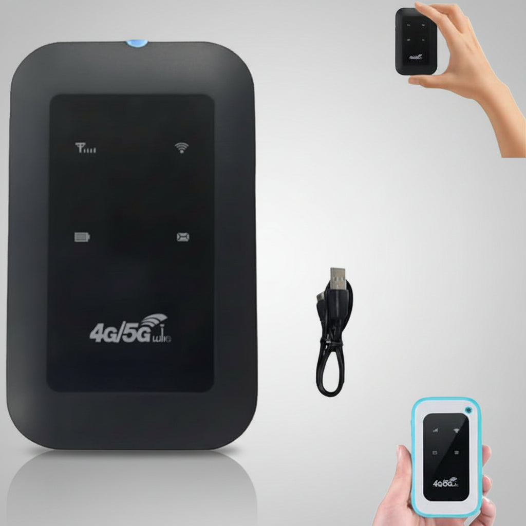 Black 4G/5G router with a hand holding it, a USB cable, and a blue 4G/5G device held by another hand on a white background.