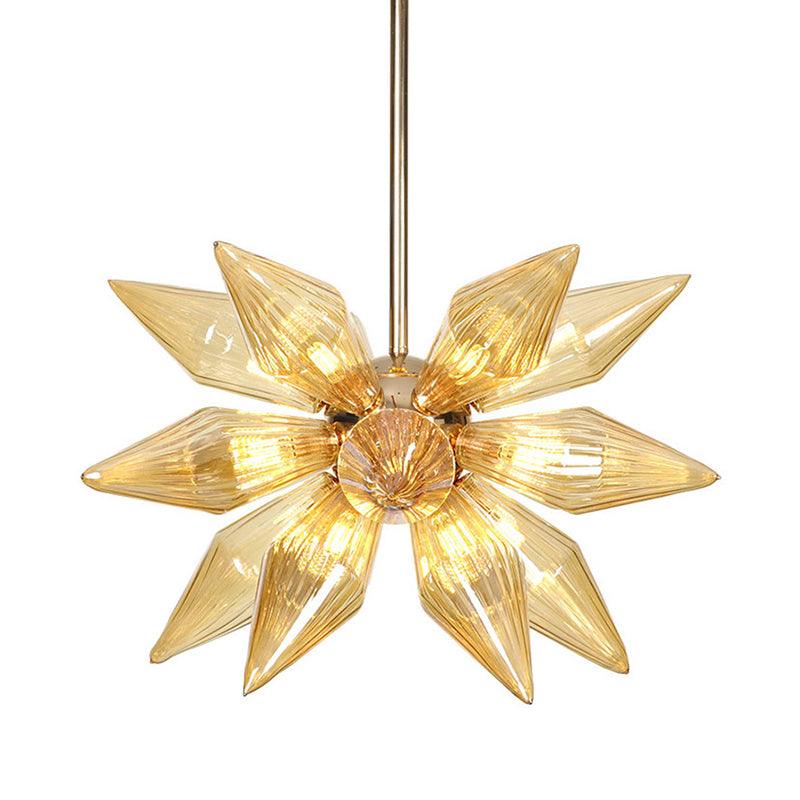 18 Heads Conical Hanging Chandelier Modern Amber Ribbed Glass Ceiling Pendant Light in Gold - Rebooters