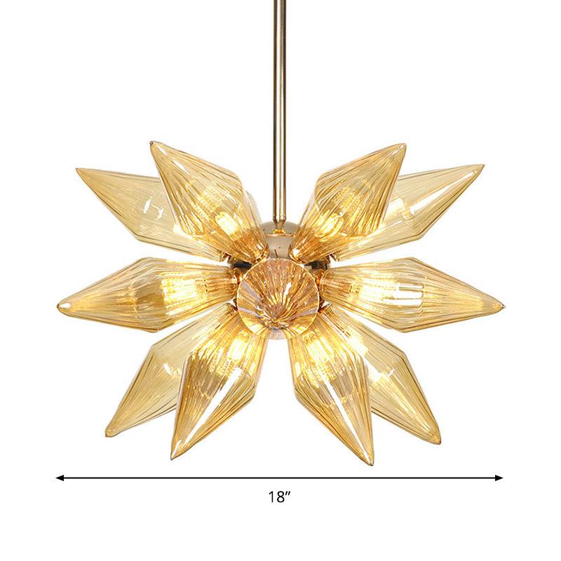 18 Heads Conical Hanging Chandelier Modern Amber Ribbed Glass Ceiling Pendant Light in Gold - Rebooters