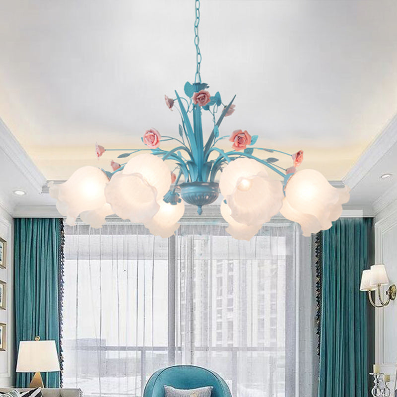 Floral White Glass Chandelier Light Countryside 8 Bulbs Pendant Lamp - Rebooters
