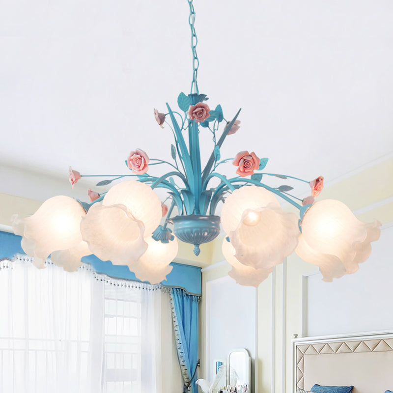 Floral White Glass Chandelier Light Countryside 8 Bulbs Pendant Lamp - Rebooters