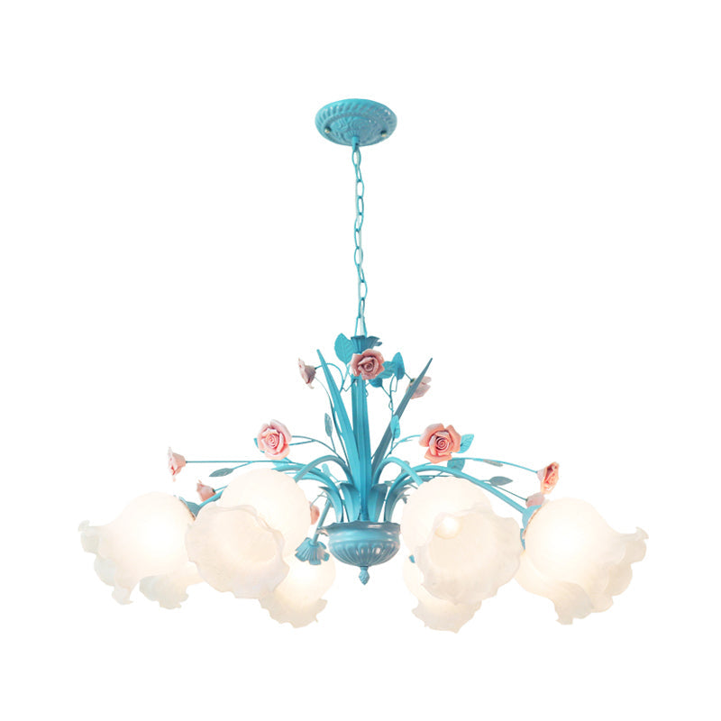 Floral White Glass Chandelier Light Countryside 8 Bulbs Pendant Lamp - Rebooters