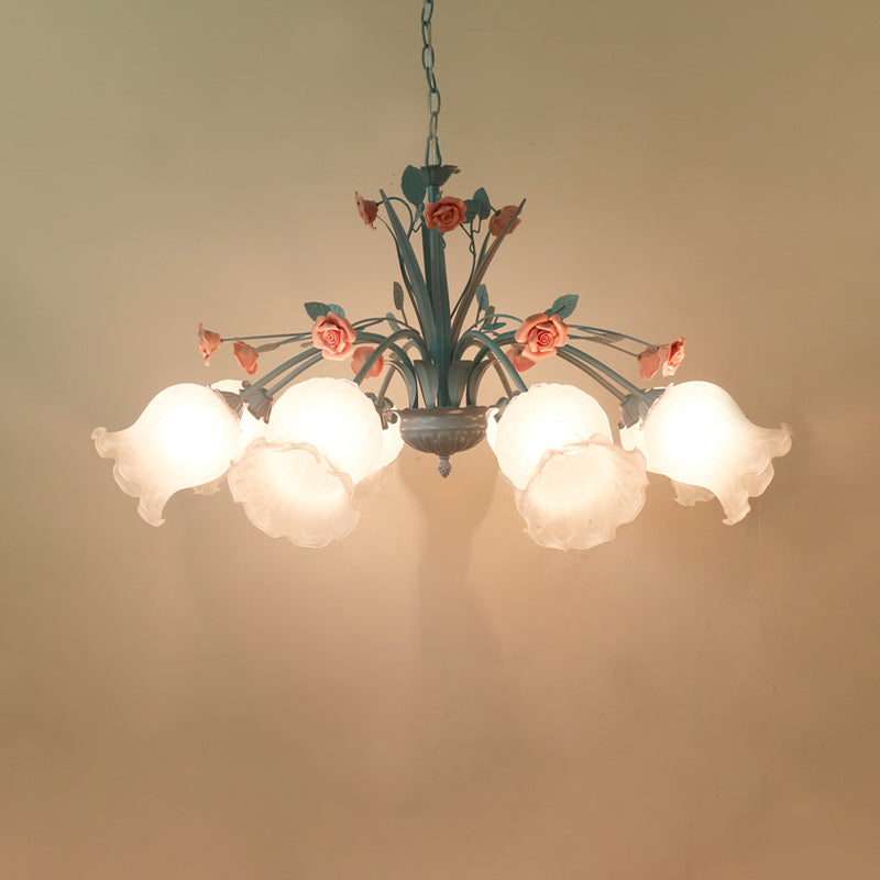 Floral White Glass Chandelier Light Countryside 8 Bulbs Pendant Lamp - Rebooters