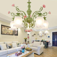 5 Bulbs Sandblasted Glass Chandelier Traditionalism White Green Floral Pendant Lighting - Rebooters
