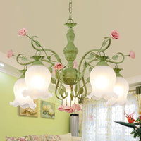 5 Bulbs Sandblasted Glass Chandelier Traditionalism White Green Floral Pendant Lighting - Rebooters