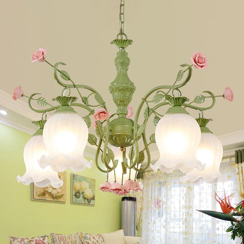 5 Bulbs Sandblasted Glass Chandelier Traditionalism White Green Floral Pendant Lighting - Rebooters