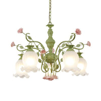 5 Bulbs Sandblasted Glass Chandelier Traditionalism White Green Floral Pendant Lighting - Rebooters