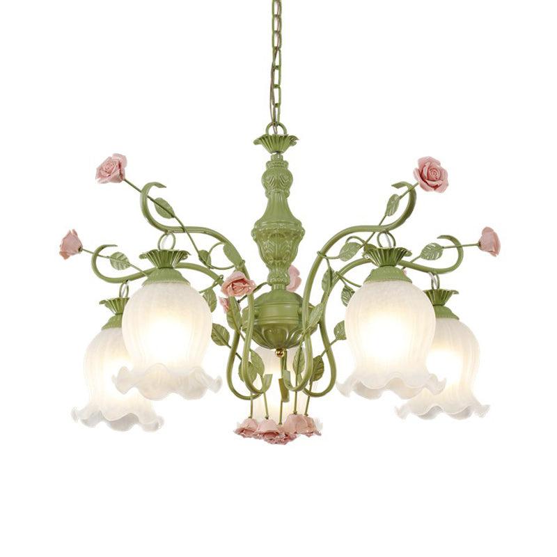 5 Bulbs Sandblasted Glass Chandelier Traditionalism White Green Floral Pendant Lighting - Rebooters