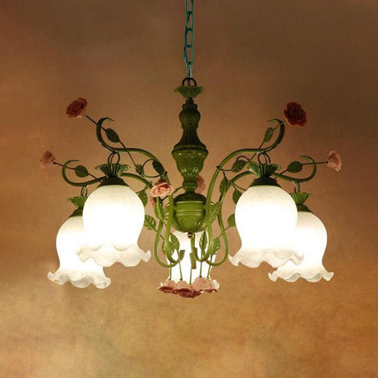 5 Bulbs Sandblasted Glass Chandelier Traditionalism White Green Floral Pendant Lighting - Rebooters