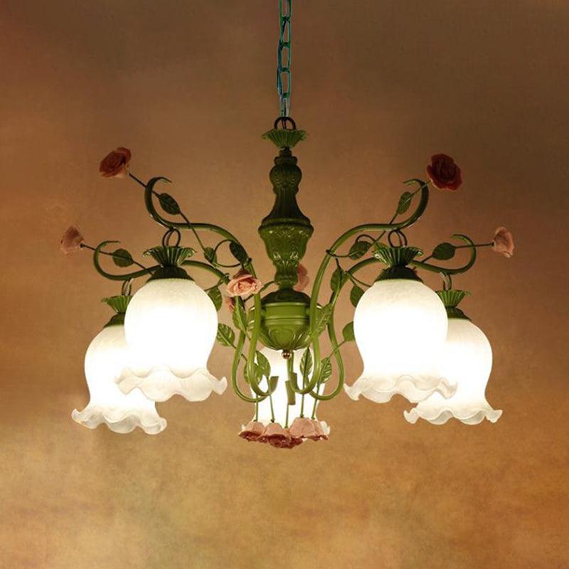 5 Bulbs Sandblasted Glass Chandelier Traditionalism White Green Floral Pendant Lighting - Rebooters