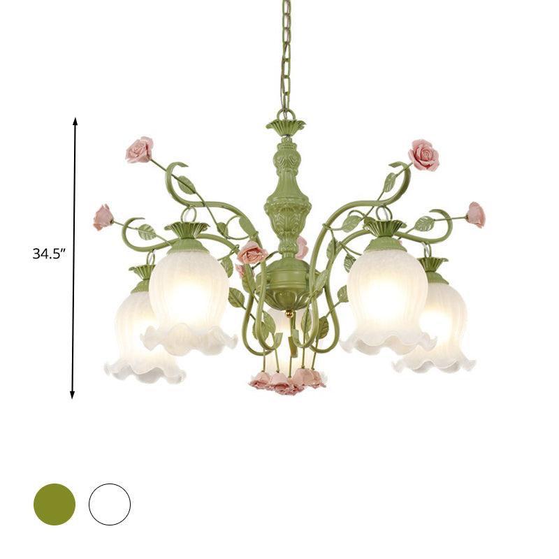 5 Bulbs Sandblasted Glass Chandelier Traditionalism White Green Floral Pendant Lighting - Rebooters