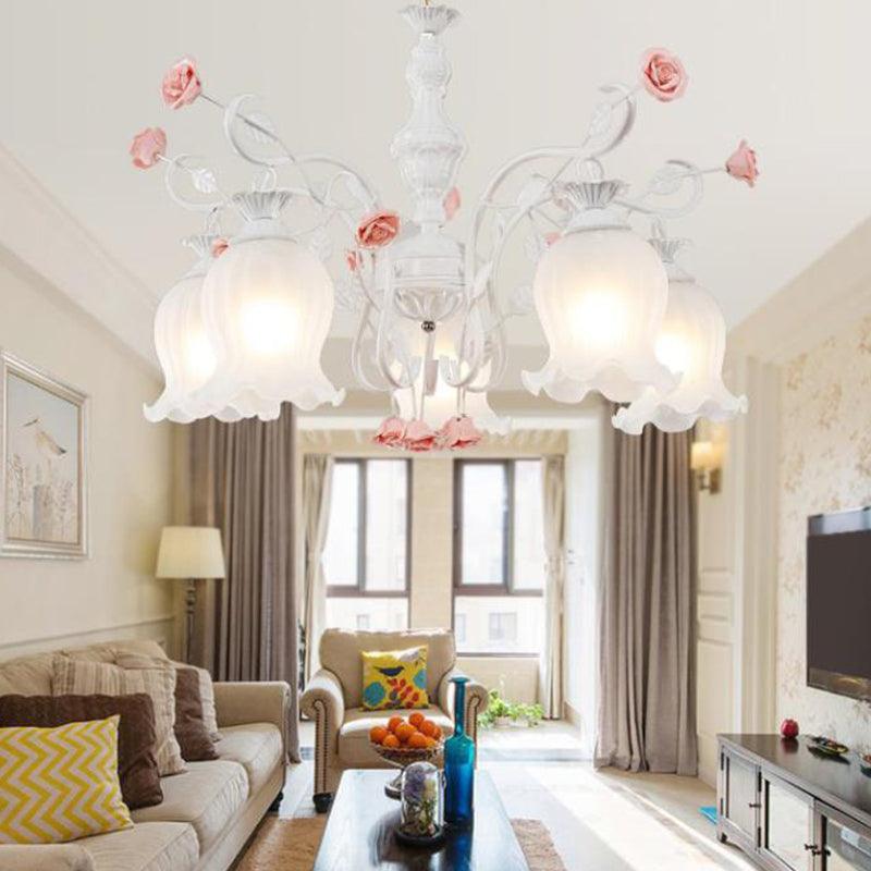 5 Bulbs Sandblasted Glass Chandelier Traditionalism White Green Floral Pendant Lighting - Rebooters