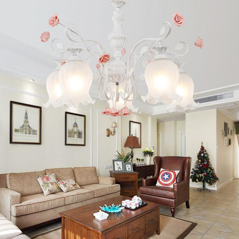 5 Bulbs Sandblasted Glass Chandelier Traditionalism White Green Floral Pendant Lighting - Rebooters