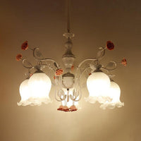 5 Bulbs Sandblasted Glass Chandelier Traditionalism White Green Floral Pendant Lighting - Rebooters