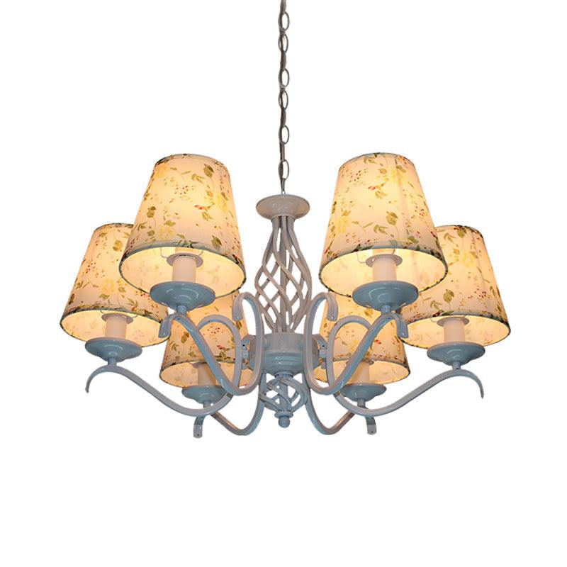 Light Blue 6 Heads Chandelier Light Traditionalism Fabric Conical - Rebooters