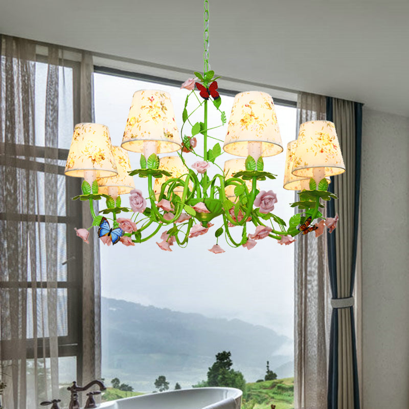 Fabric Green Hanging Chandelier Tapered 8 Lights Pendant - Rebooters
