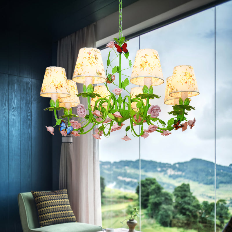 Fabric Green Hanging Chandelier Tapered 8 Lights Pendant - Rebooters
