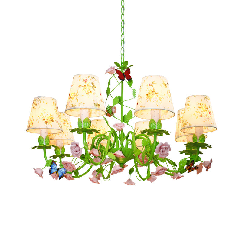 Fabric Green Hanging Chandelier Tapered 8 Lights Pendant - Rebooters