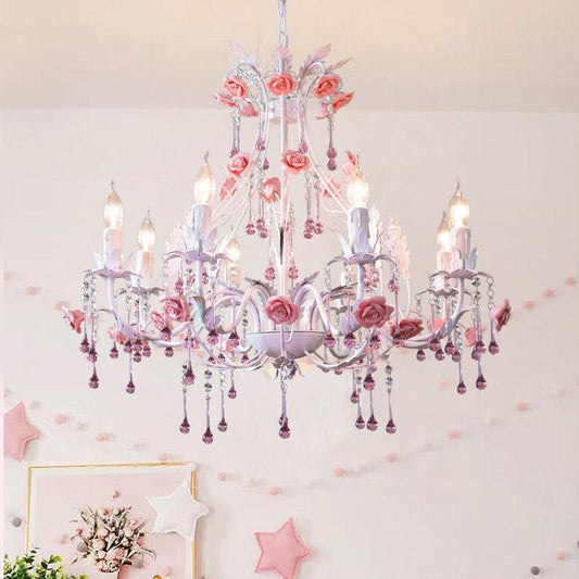 6/8 Bulbs Candle Hanging Chandelier Traditionalist White Crystal Ceiling Lamp - Rebooters