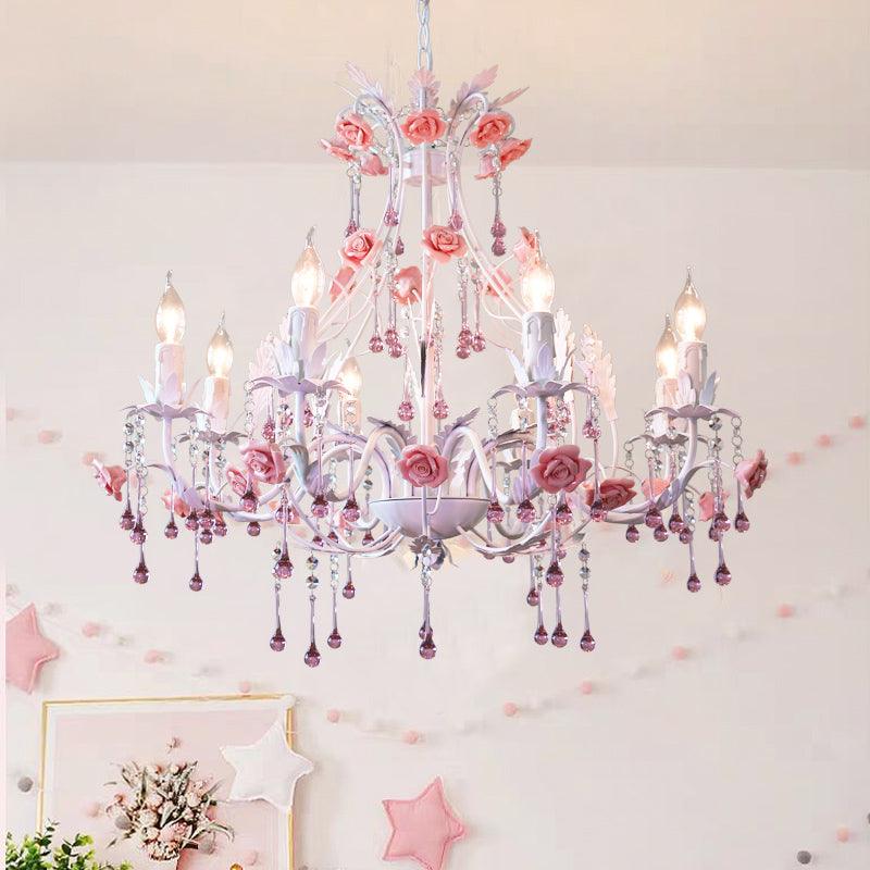 6/8 Bulbs Candle Hanging Chandelier Traditionalist White Crystal Ceiling Lamp - Rebooters