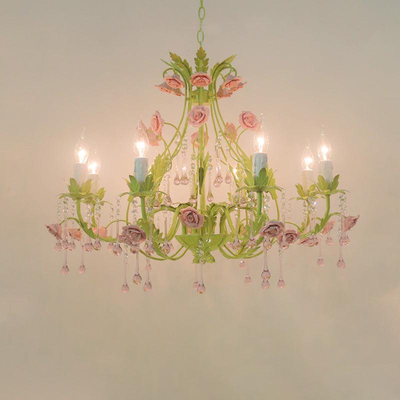6/8 Bulbs Candle Pendant Lamp Traditionalism Green Crystal Chandelier Light Fixture - Rebooters
