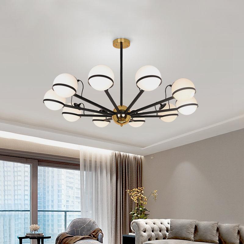 Modernist Round Hanging Chandelier Frosted White Glass Pendant Light Fixture in Black - Rebooters