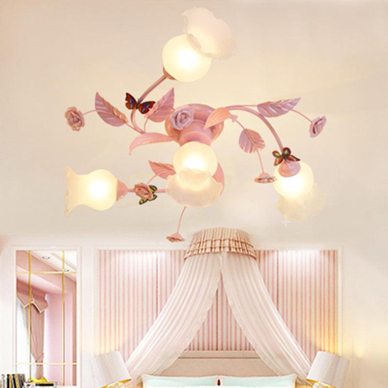 4/7 Bulbs Spiral Ceiling Light Fixture Traditional Pink Satin Opal Glass Semi Flush Mount Lighting - Rebooters