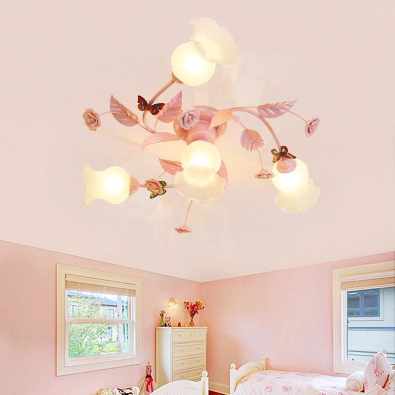 4/7 Bulbs Spiral Ceiling Light Fixture Traditional Pink Satin Opal Glass Semi Flush Mount Lighting - Rebooters