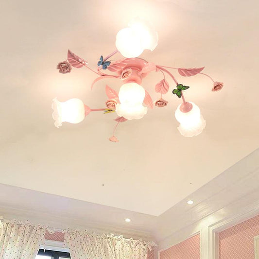 4/7 Bulbs Spiral Ceiling Light Fixture Traditional Pink Satin Opal Glass Semi Flush Mount Lighting - Rebooters