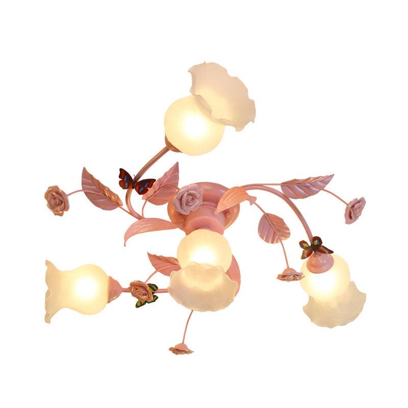 4/7 Bulbs Spiral Ceiling Light Fixture Traditional Pink Satin Opal Glass Semi Flush Mount Lighting - Rebooters
