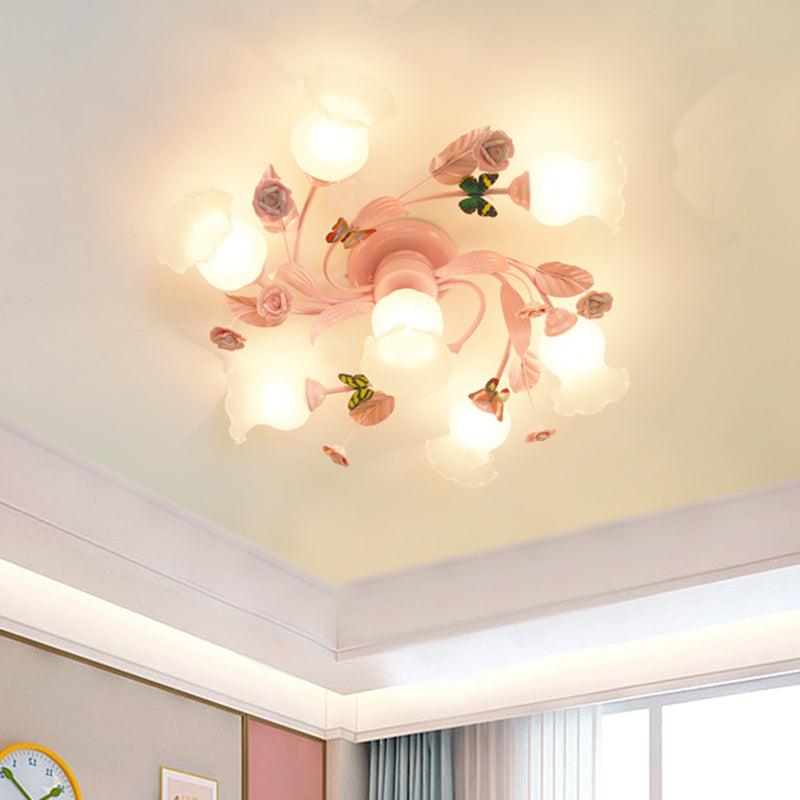 4/7 Bulbs Spiral Ceiling Light Fixture Traditional Pink Satin Opal Glass Semi Flush Mount Lighting - Rebooters