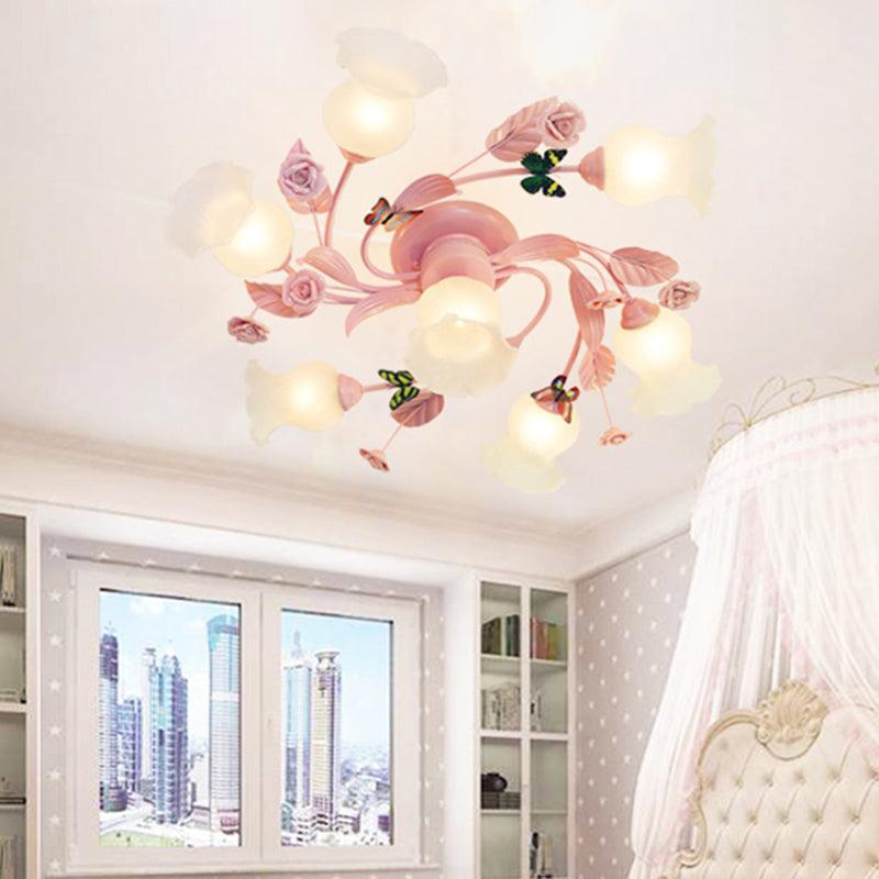 4/7 Bulbs Spiral Ceiling Light Fixture Traditional Pink Satin Opal Glass Semi Flush Mount Lighting - Rebooters