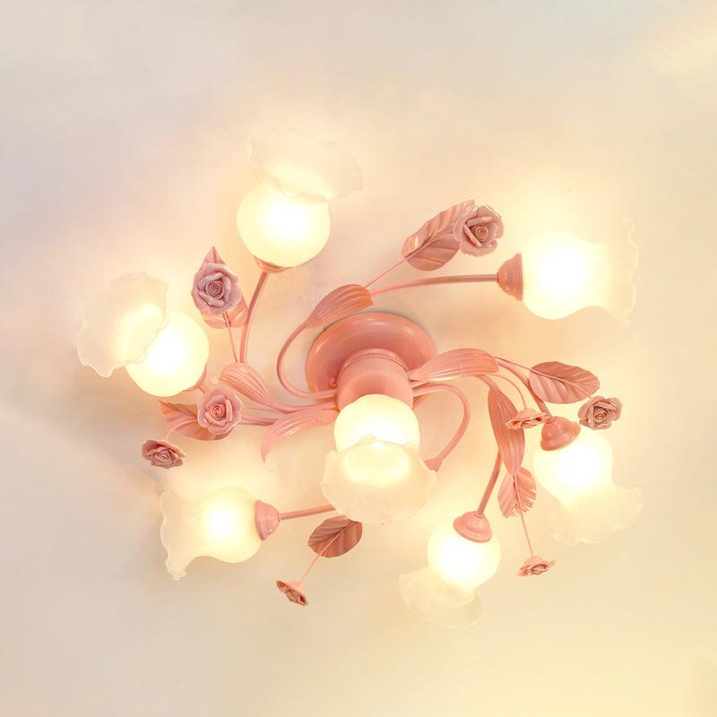 4/7 Bulbs Spiral Ceiling Light Fixture Traditional Pink Satin Opal Glass Semi Flush Mount Lighting - Rebooters