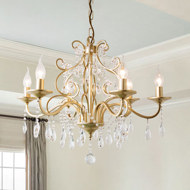 Gold Swooping Arm Chandelier Light Countryside Crystal Ceiling Lamp - Rebooters